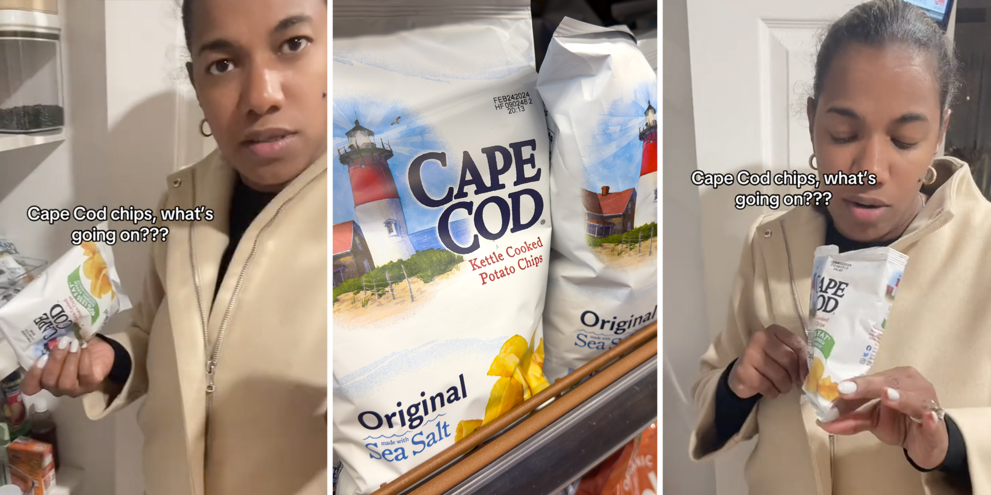 Woman with small bag of Cape Cod chips and text that says "Cape Cod chips, what's going on??"(l+R), Cape Cod Chips(c)