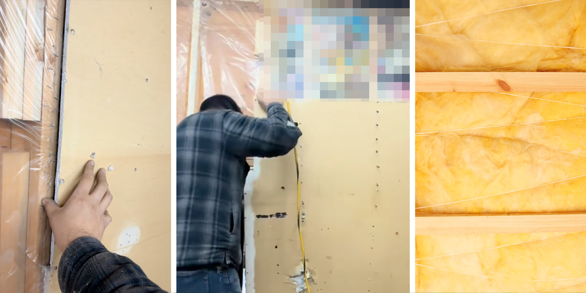 Hand pulling wall back(l), Man pulling wall back with opening censored(c), Insulation(r)