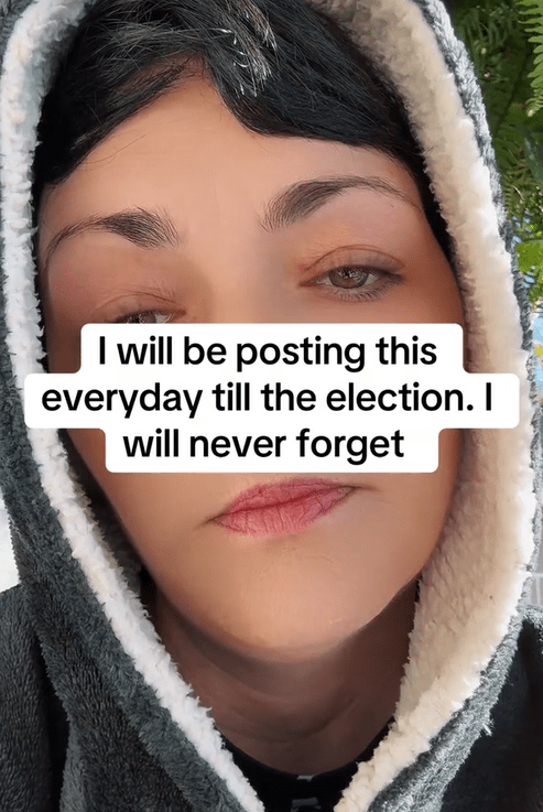 Women reacting to Trump's comments video with a woman in a hooded jacket saying she'll never forget.