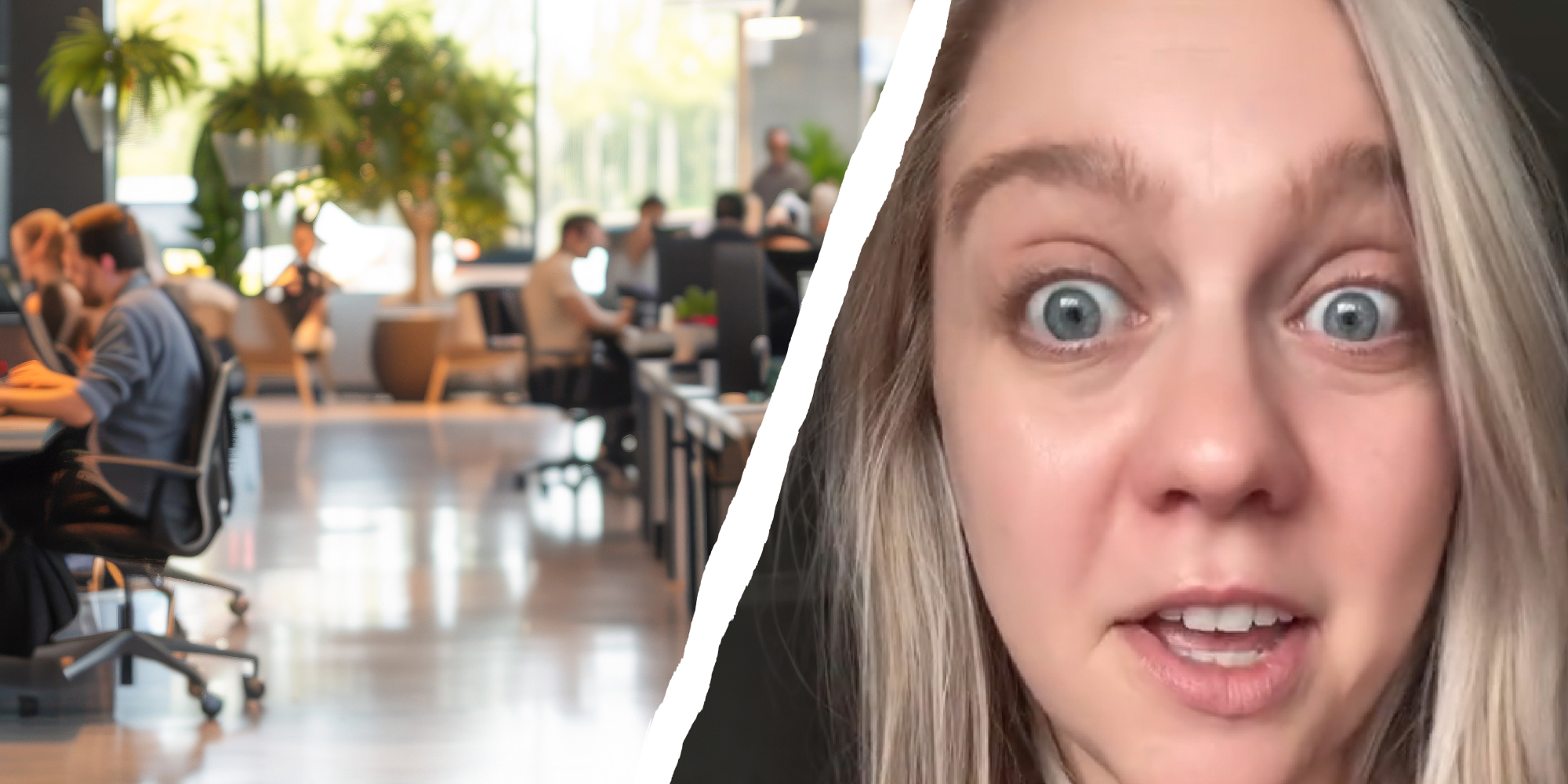 2 panel image, office space on one side, a startled person on the right.