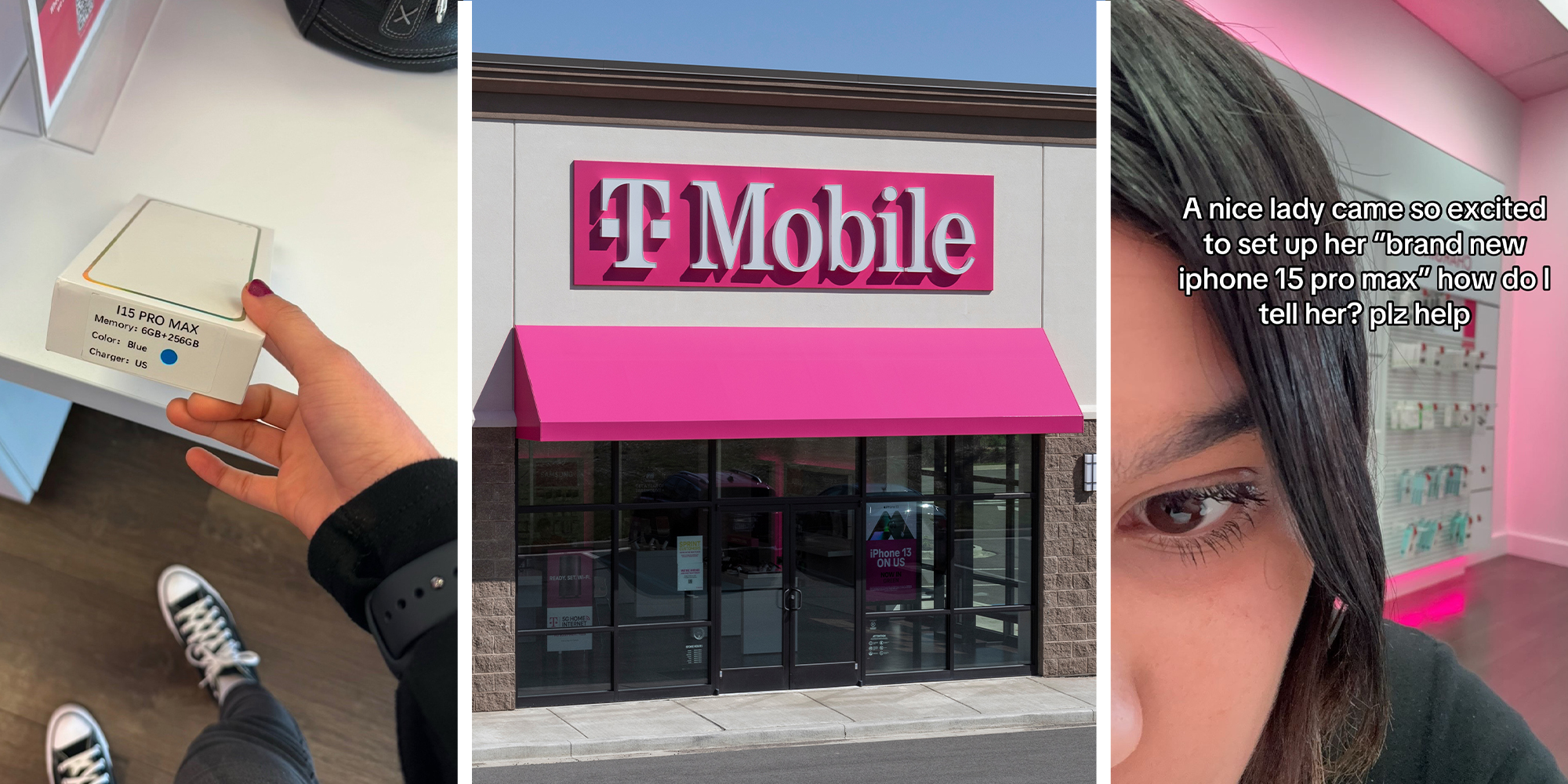 15 Pro Max Fake Box(l) T Mobile Store Front(c) Woman sharing experience working a phone carrier company(r)