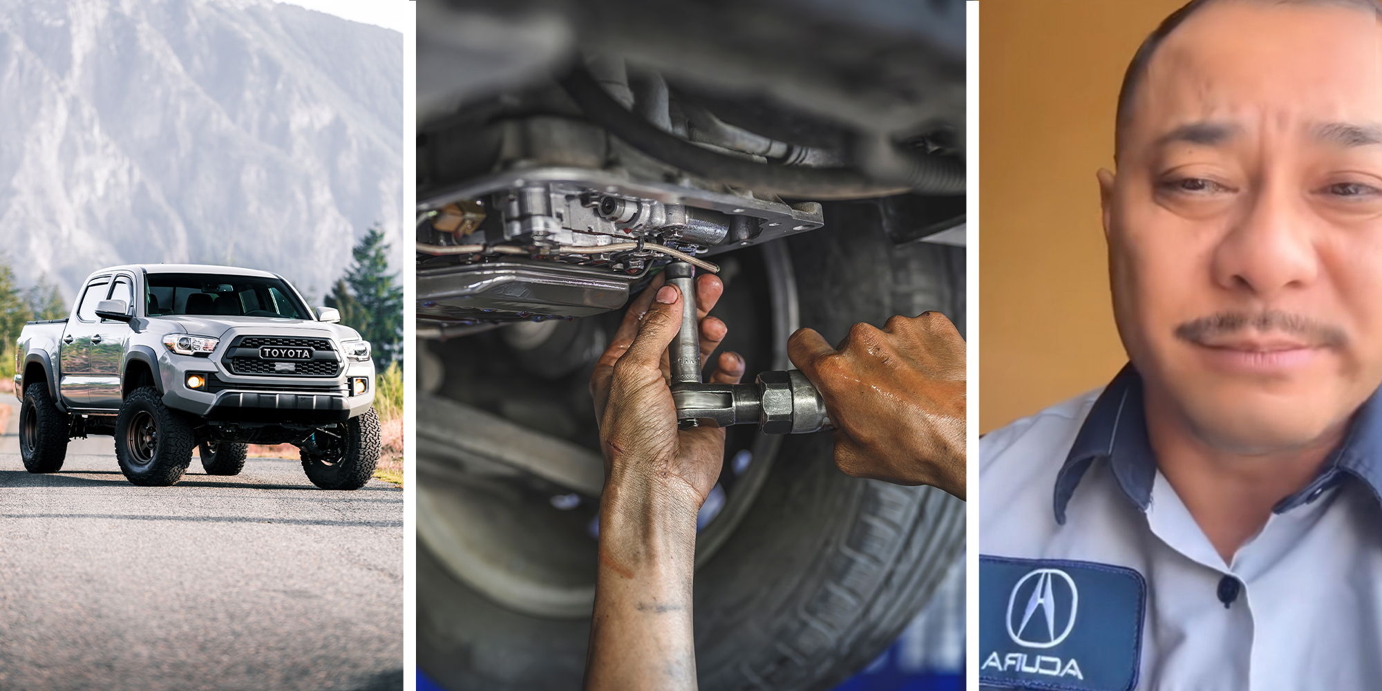 2022 Toyota Tacoma(l) Mechanic changing oil on Tacoma(c) Mechanic sharing story on TikTok(r)