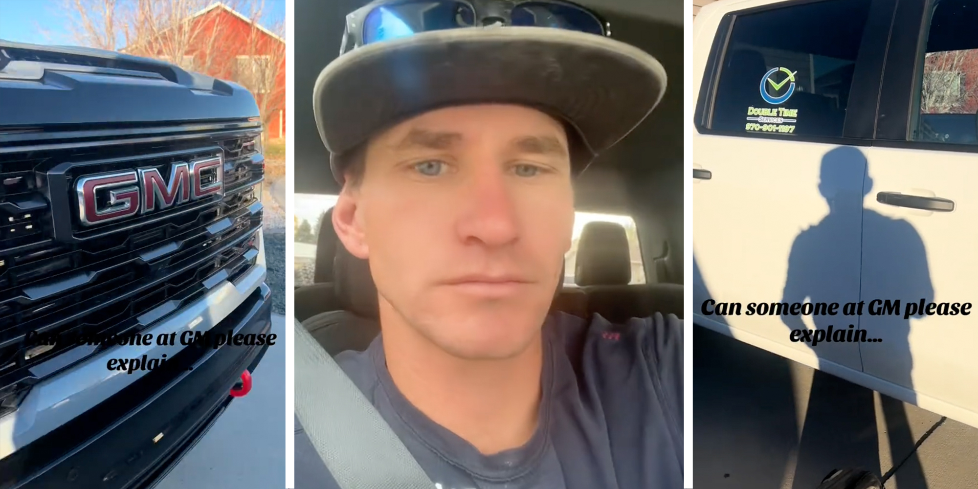 Front of GMC truck(l), Man talking(c), Side of truck(r)