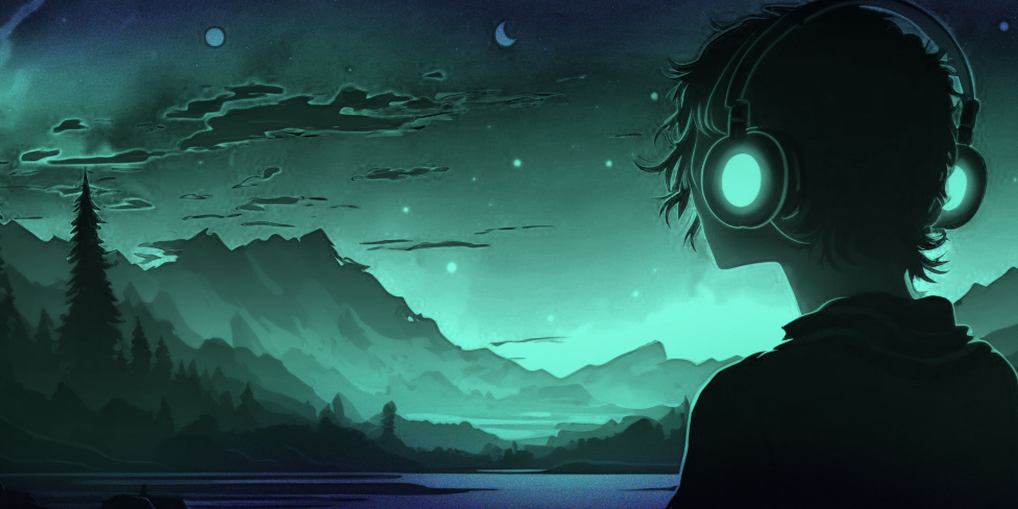 An illustration of a landscape scene set outside, a main figure is on the right who is looking off into the distance at a lake during the night is also wearing headphones. There are clouds and starts in the sky.