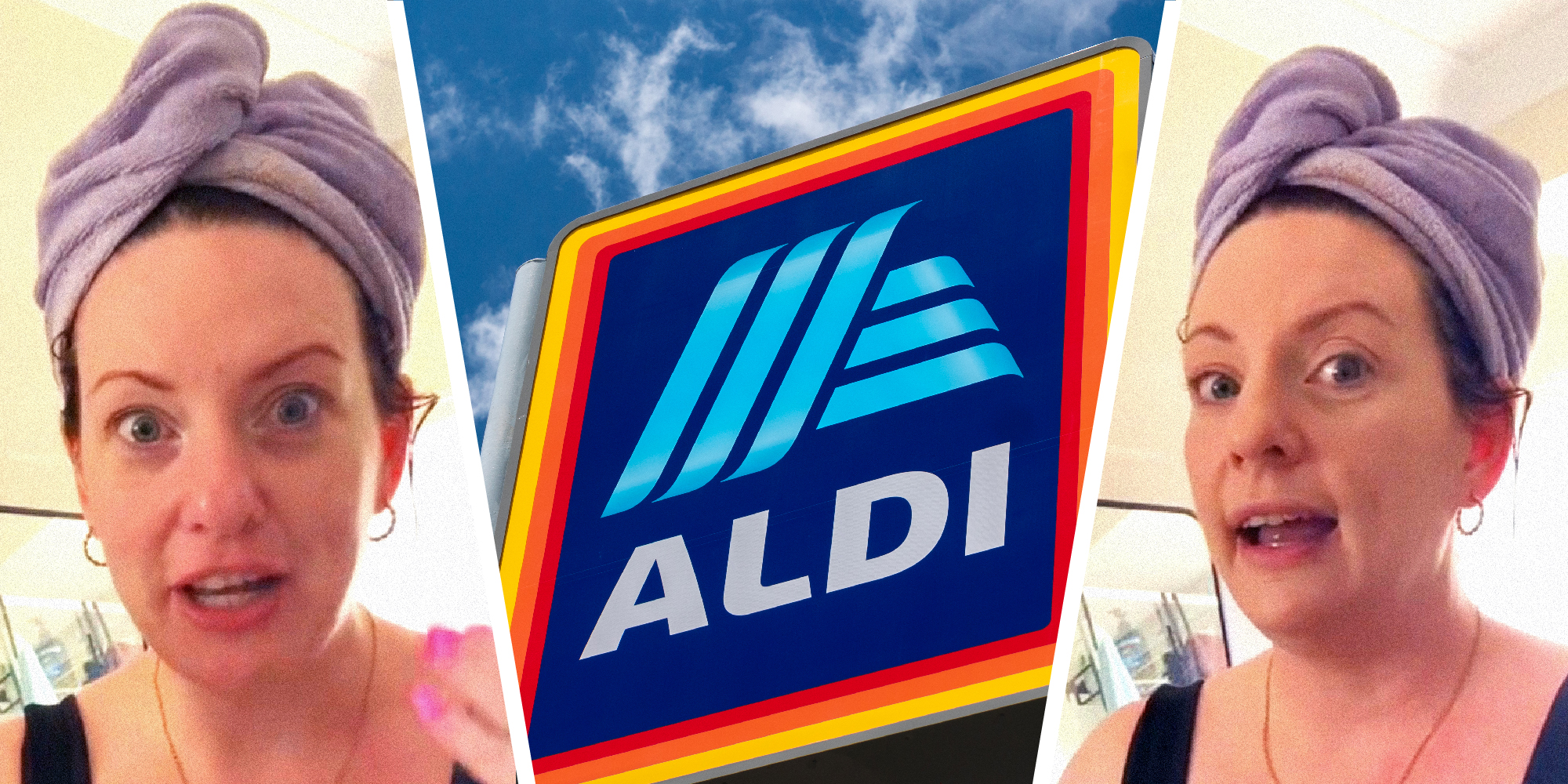 3 panel image. On the sides a person with a towel on their head speaks to camera. In the middle we see an Aldi store sign.