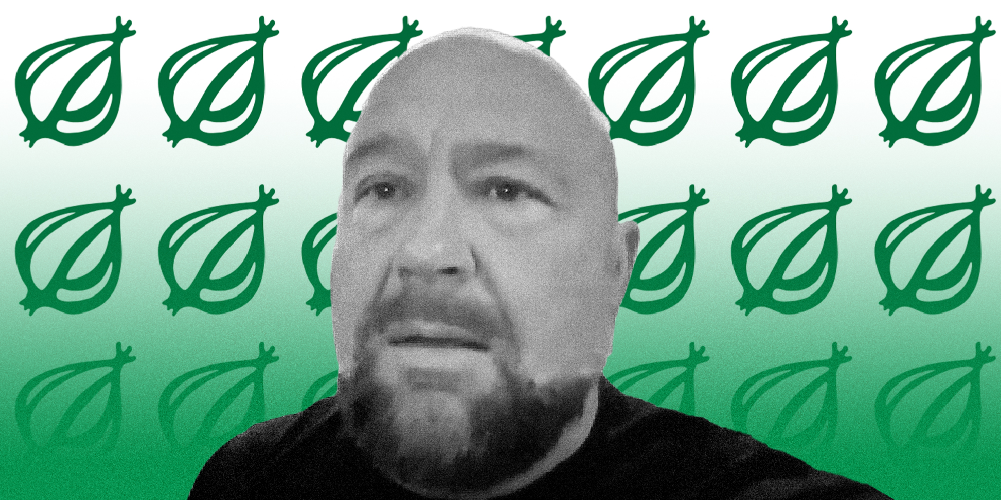 Image of Alex Jones with green onion symbols behind him.