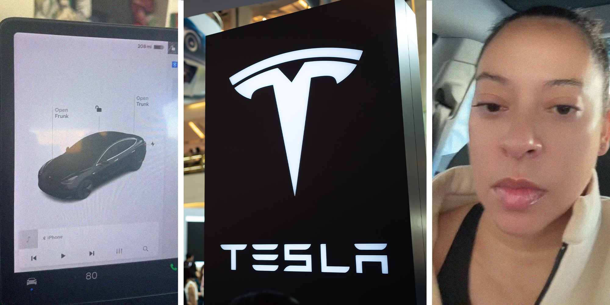 Tesla Car Screen(l) Tesla Logo Displayed(c) Woman looking disappointed(r)
