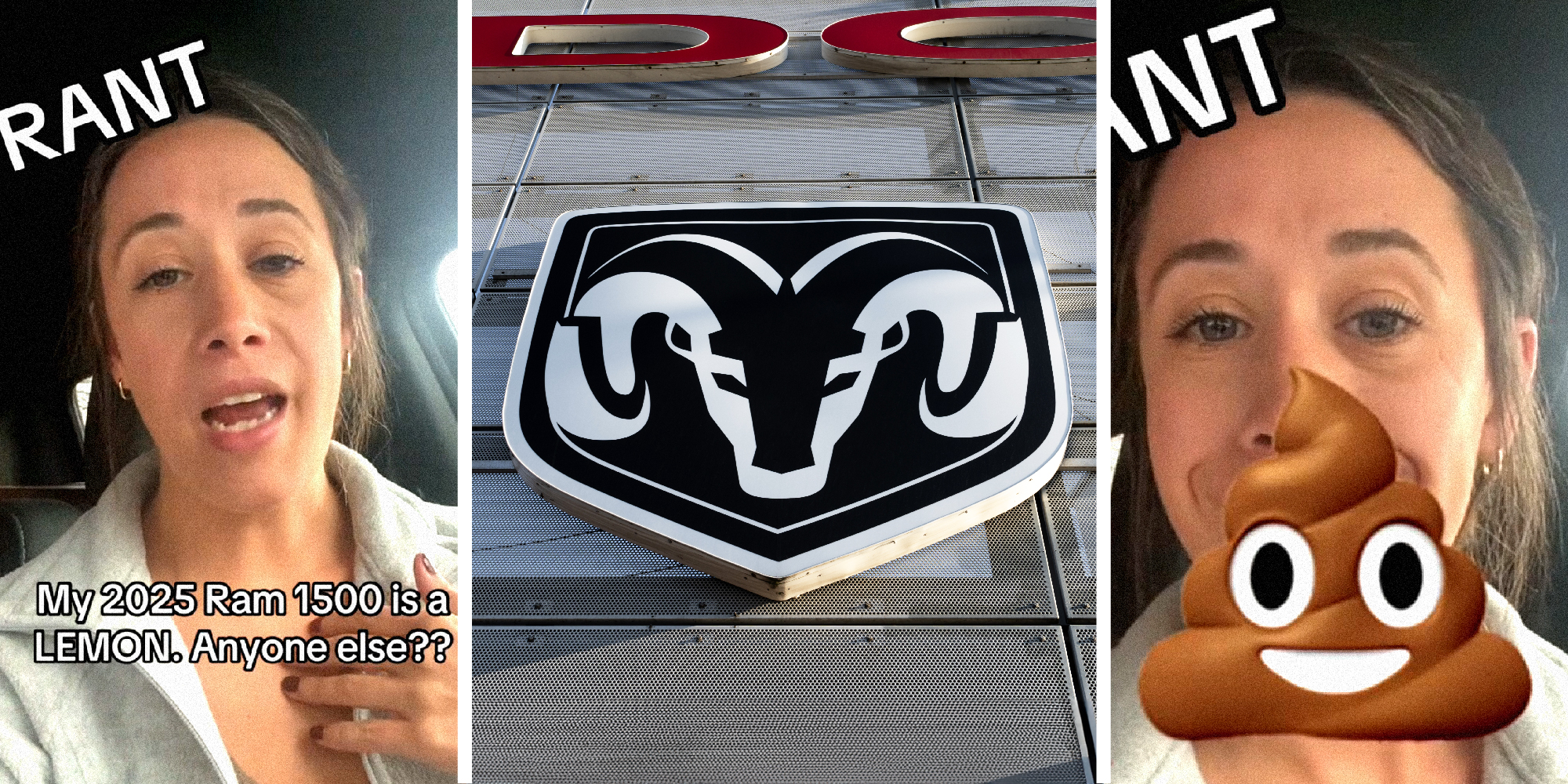 3 panel image: On the sides a person is talking in their car with the words, "RANT, My 2025 Ram 1500 is a LEMON. Anyone else??" In the middle is