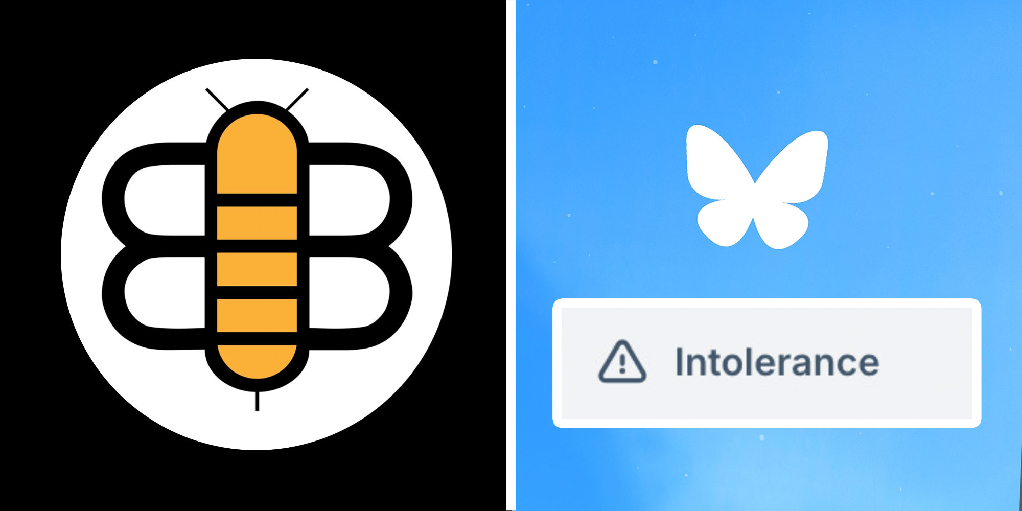 Two panel design with the Bablylon Bee logo and the Blue Sky logo with the "Intolerance" marker below it.