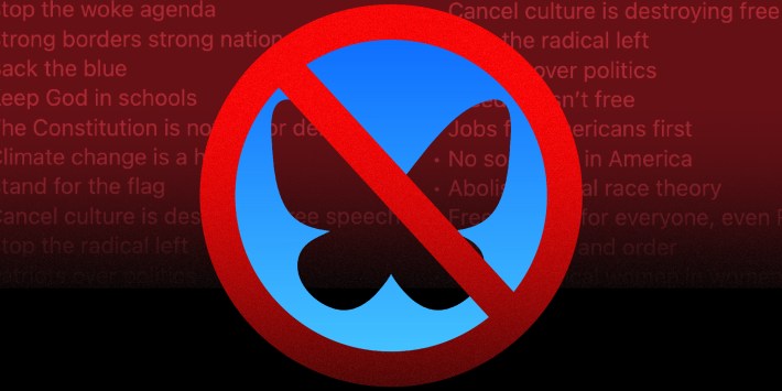 The Bluesky logo is crossed out with a red "banned symbol. Various far right terms float in the murky background.