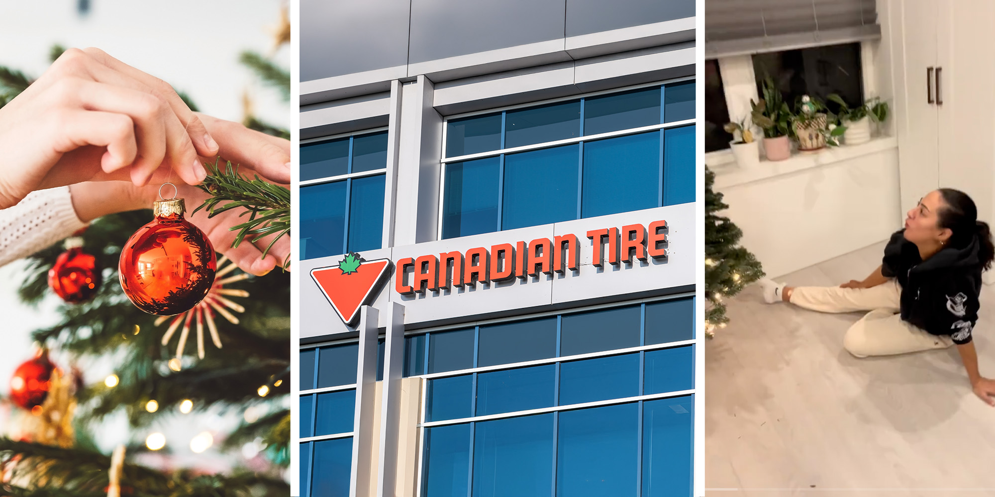 Hands placing ornament on Christmas Tree(l) Canadian Tire Store Front(c) Woman looking at tree(r)