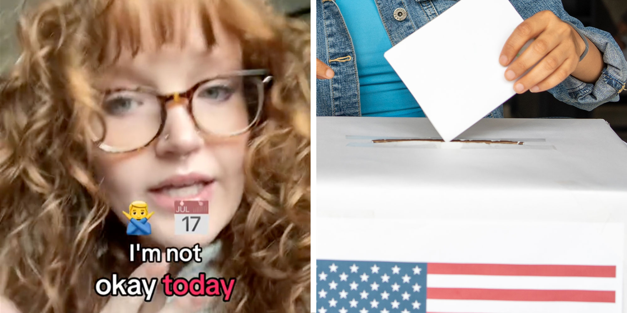 Two panel design with one a close of of a woman with text reading "I'm not okay today", the 2nd is a person putting in their vote into a ballot box