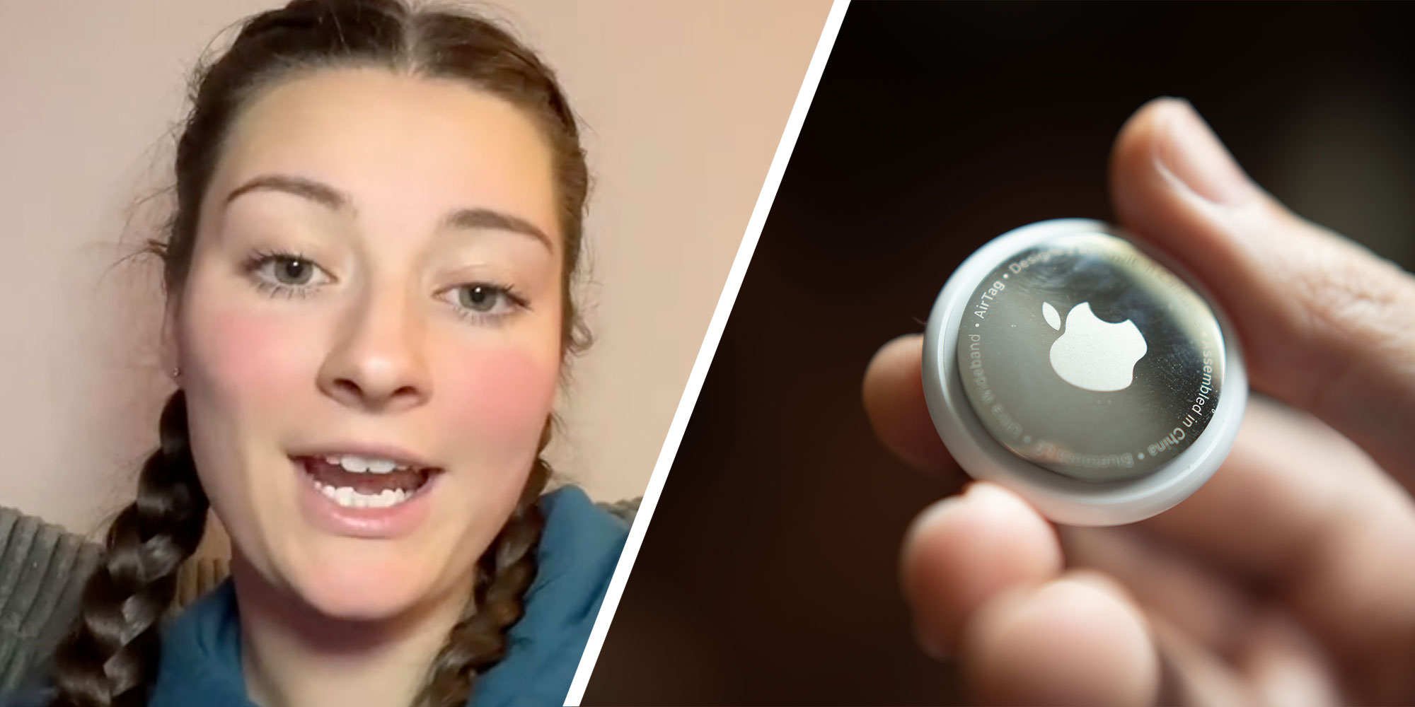 two panel design with one showing a woman with two braids in her hair talking at the camera, the 2nd is of someone holding an Apple AirTag in their hand.