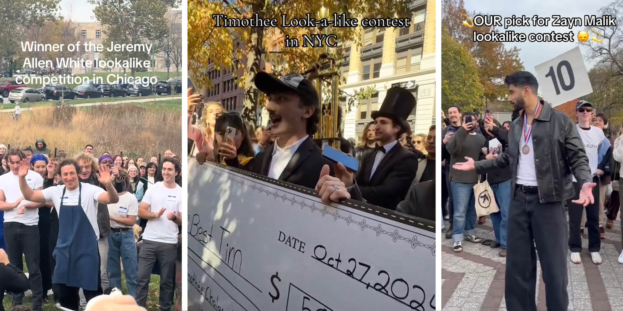 Jeremy Allen White Look a like(l) Timothee Chalamet look a like(c) Zayn Malik(r)