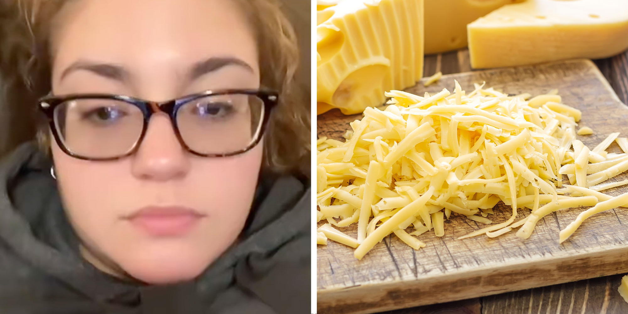Two panel design with a woman looking frustrated in one and a pile of grated cheese in the other