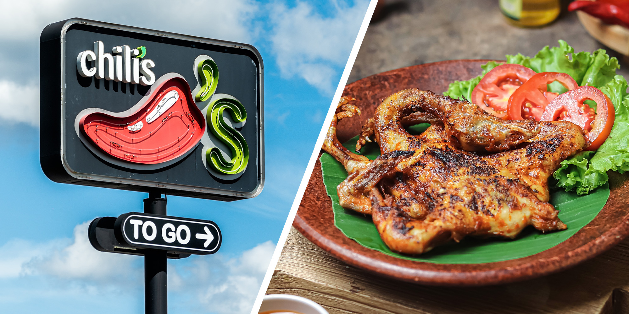 Chili's restaurant outdoor sign(l) Steak on a plate(r)
