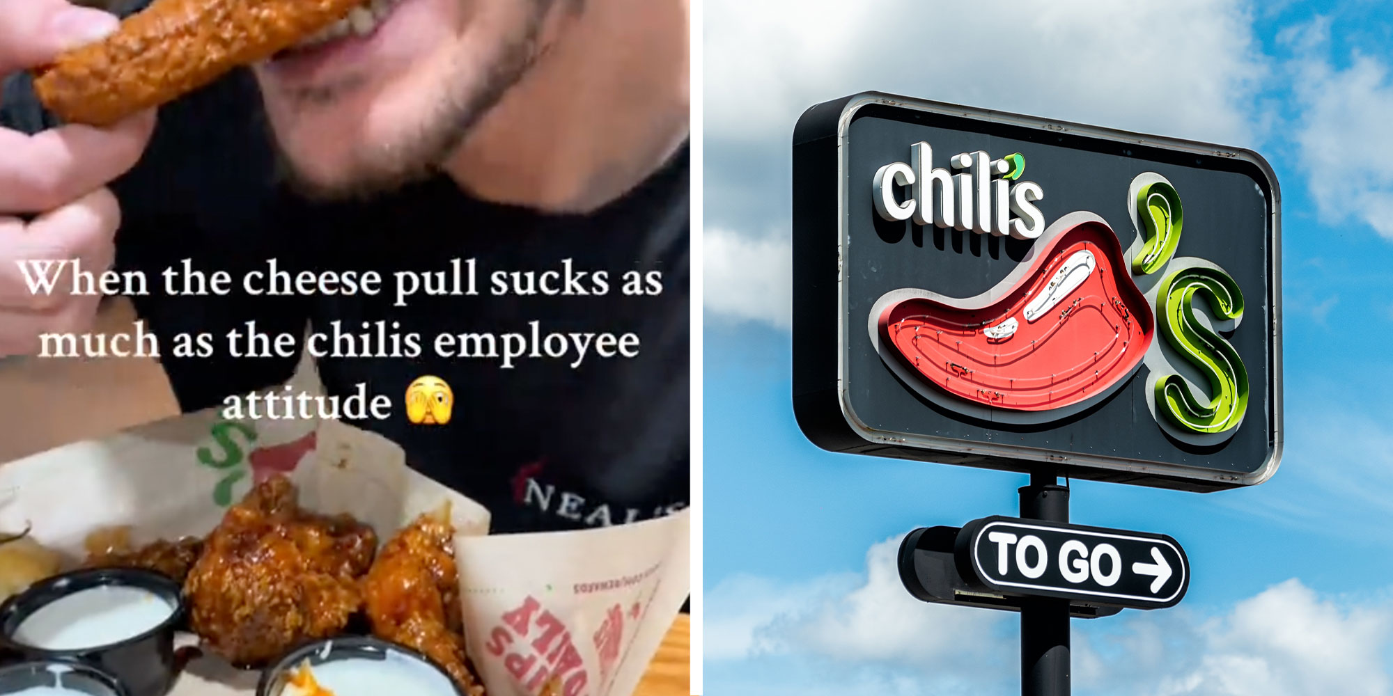 Two panels with one showing a man eating a mozzarella stick with text reading "When the cheese pull sucks as muc as the chilis employee attitude", 2nd panel is a "Chili's" restaurant sign.