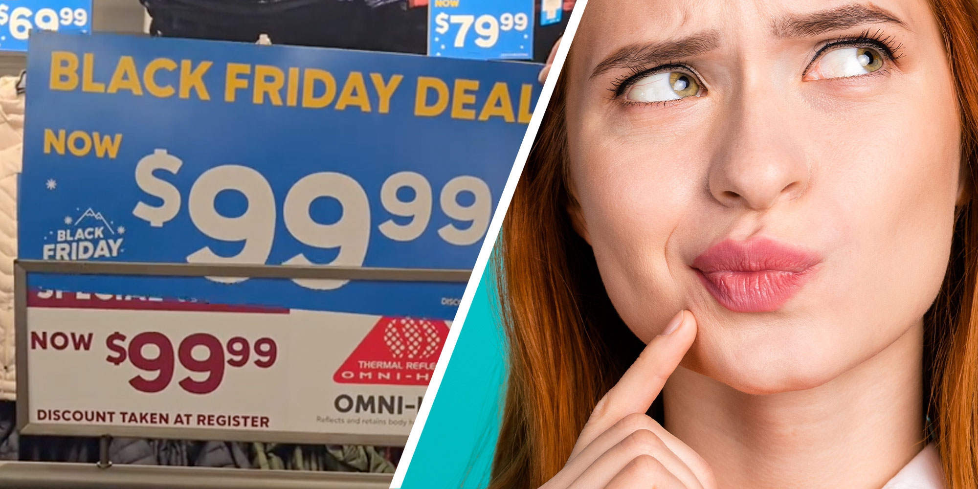 Two panel design with a Black Friday Deal over a regular priced sign, next to an image of a woman looking confused