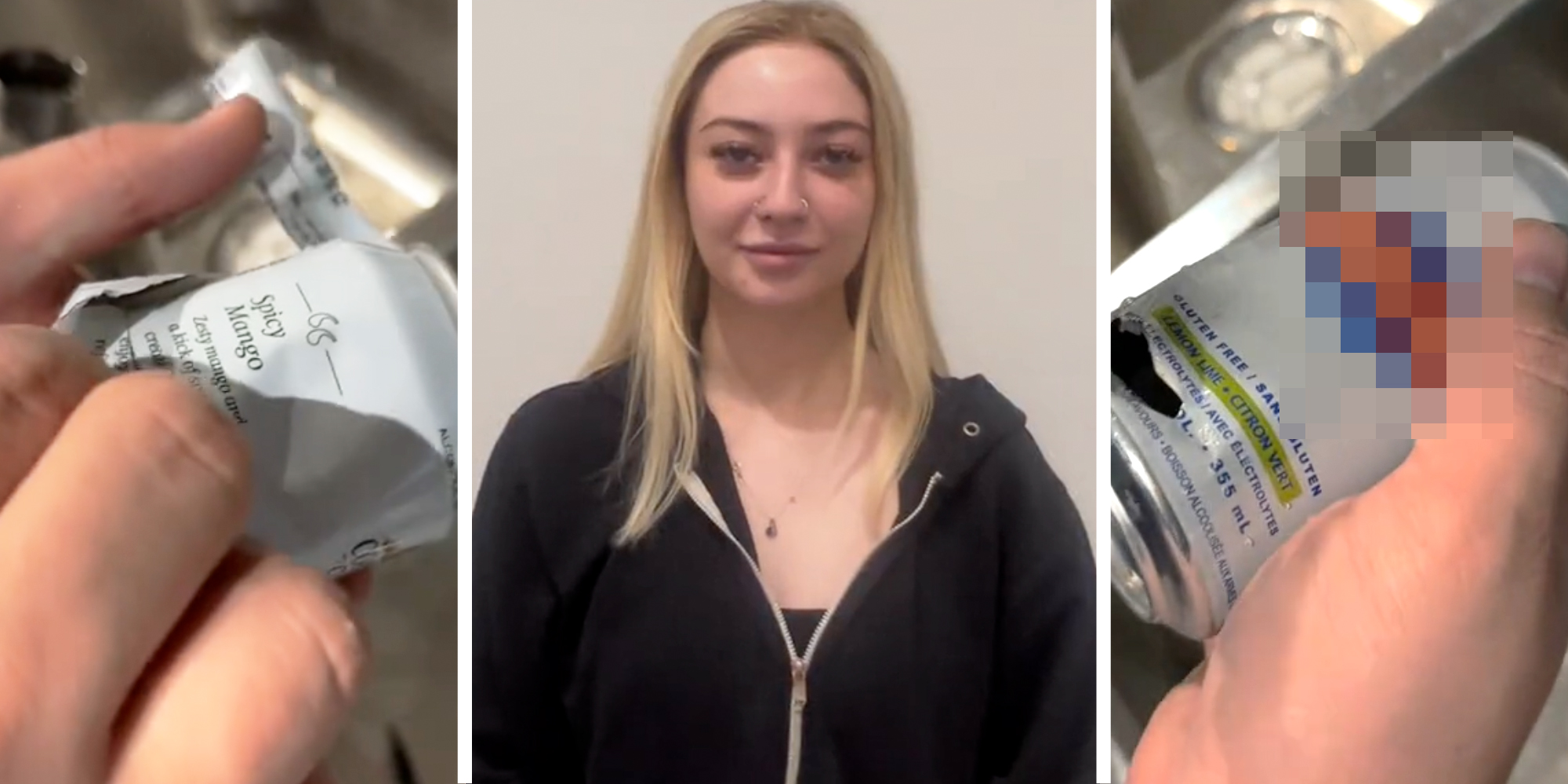 Hand opening can(l), Woman smiling(c), Censored can(r)