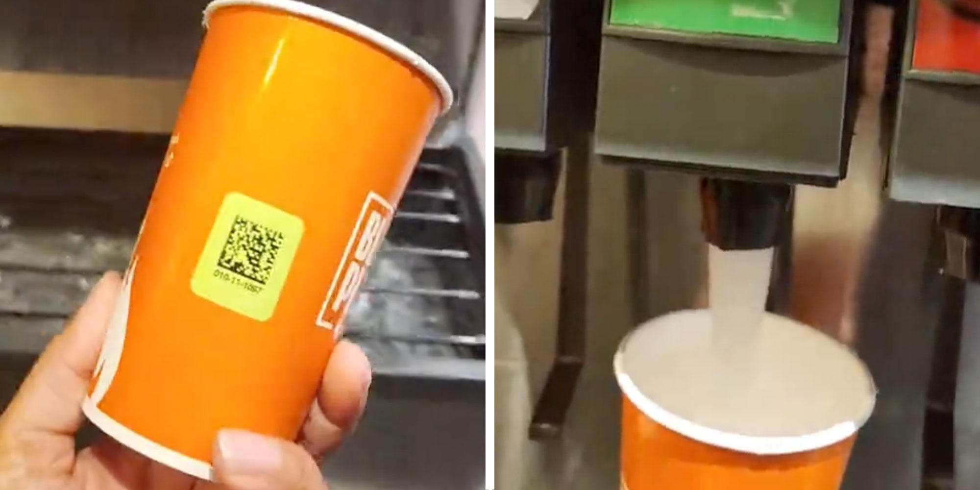 Two panel design with a cup with a barcode in one and an image of the cut being filled with soda in the other
