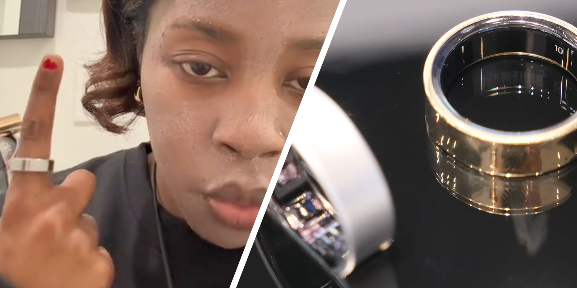 two panel design with a woman holding up her pointer finger to the camera to show the smart ring she is wearing, next to an image of a Smart Ring