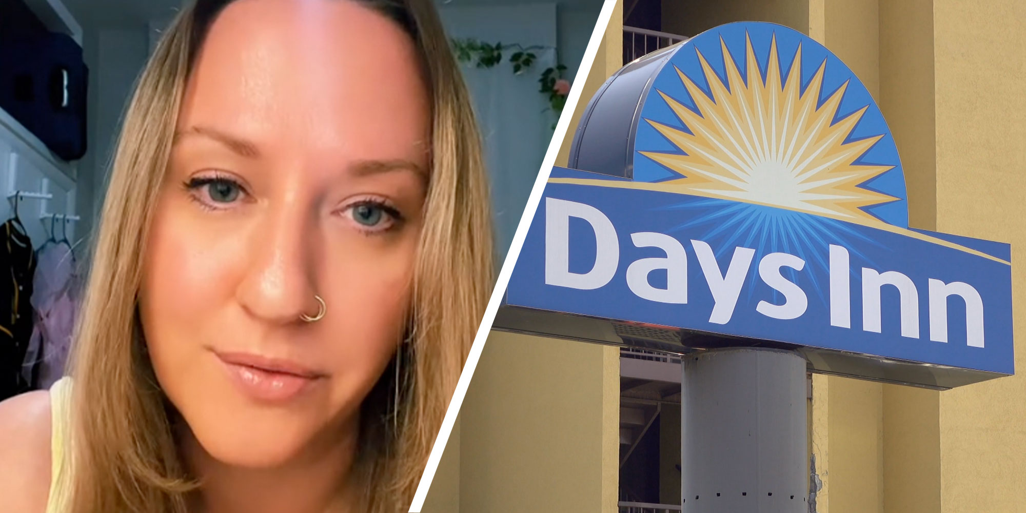 two panel design with a woman looking at the camera, she has a noes ring and straight hair. The 2nd panel is of a Days Inn.