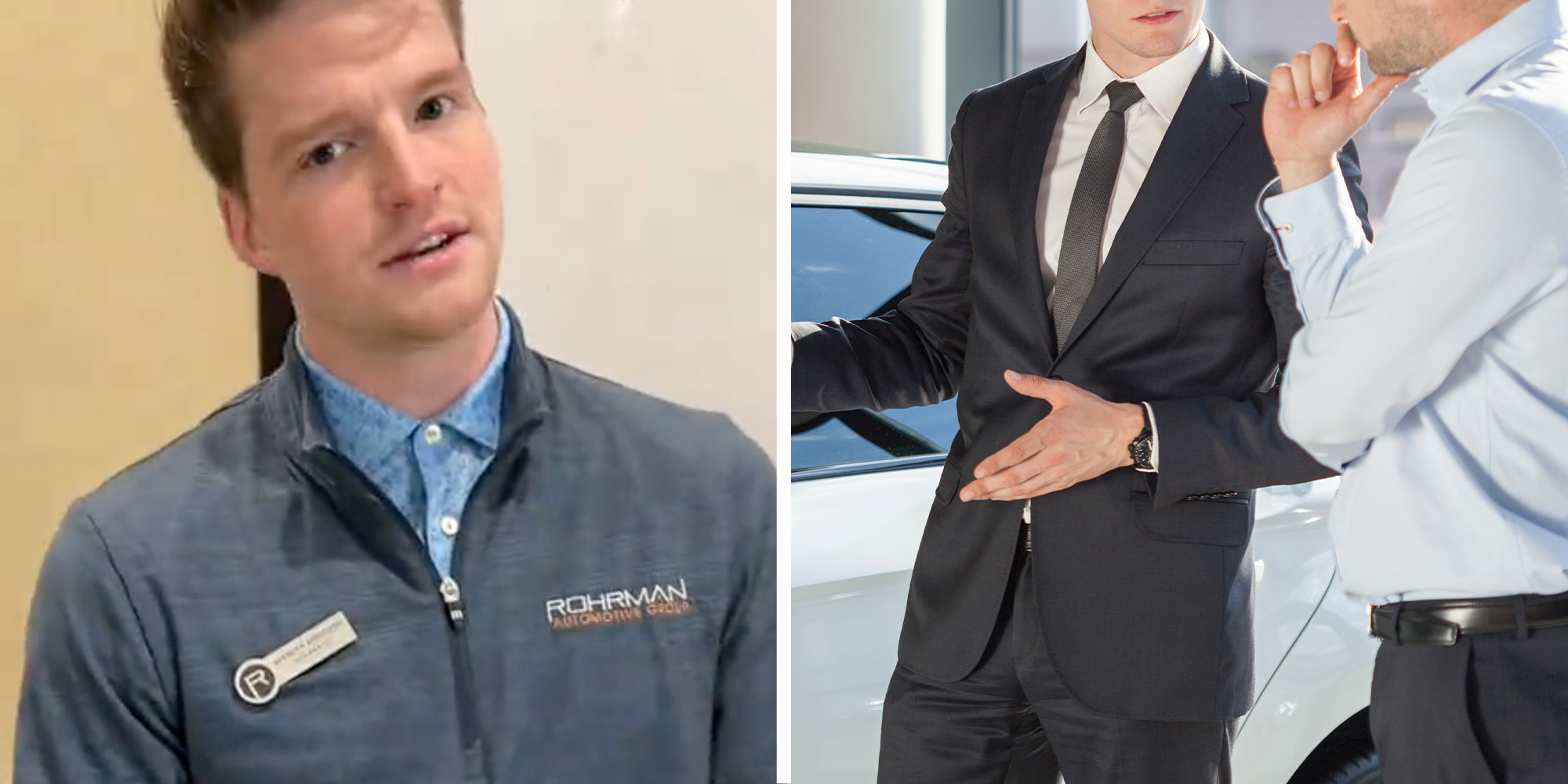 Two panel design with a car salesman in one looking at the camera, and a car salesman with a person who is deciding what to do in the other