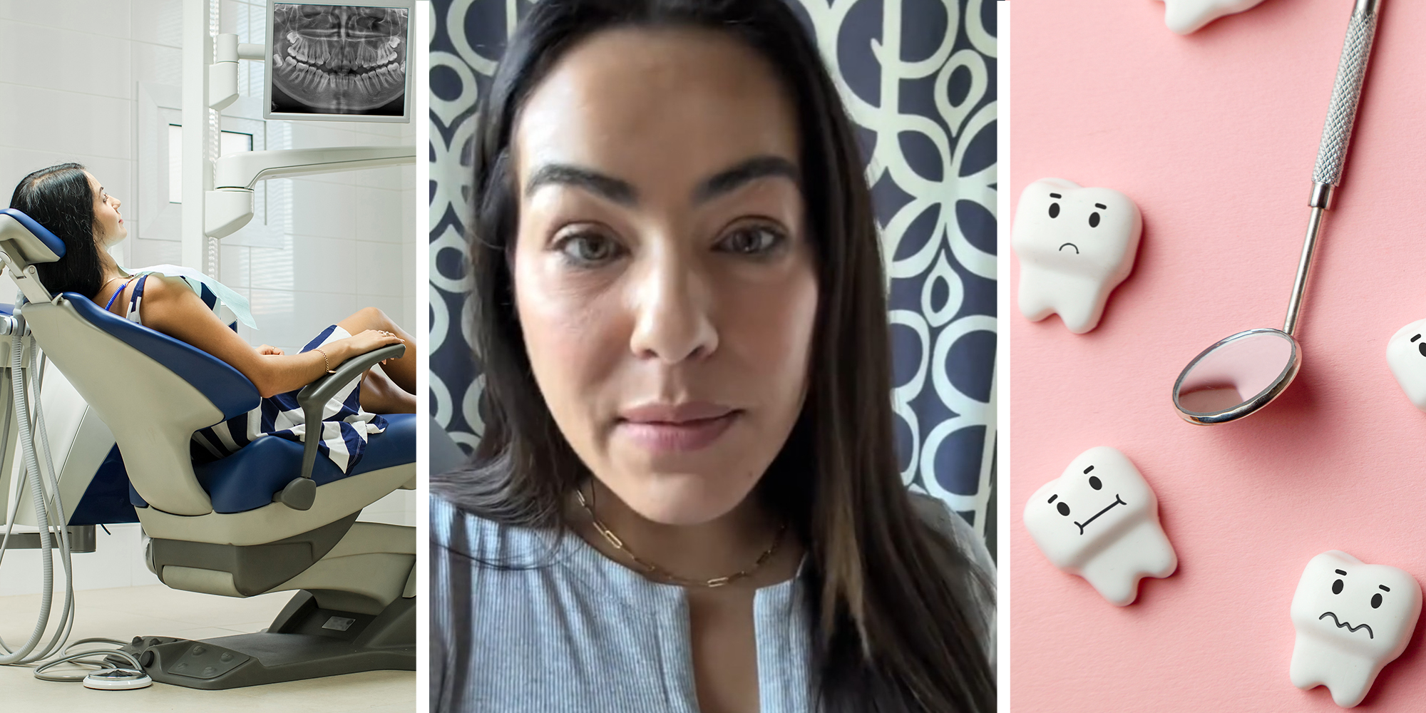 woman sitting on dentist chair(l) Woman Sharing dentist story(c) Small figurine Teeth's frowning(r)