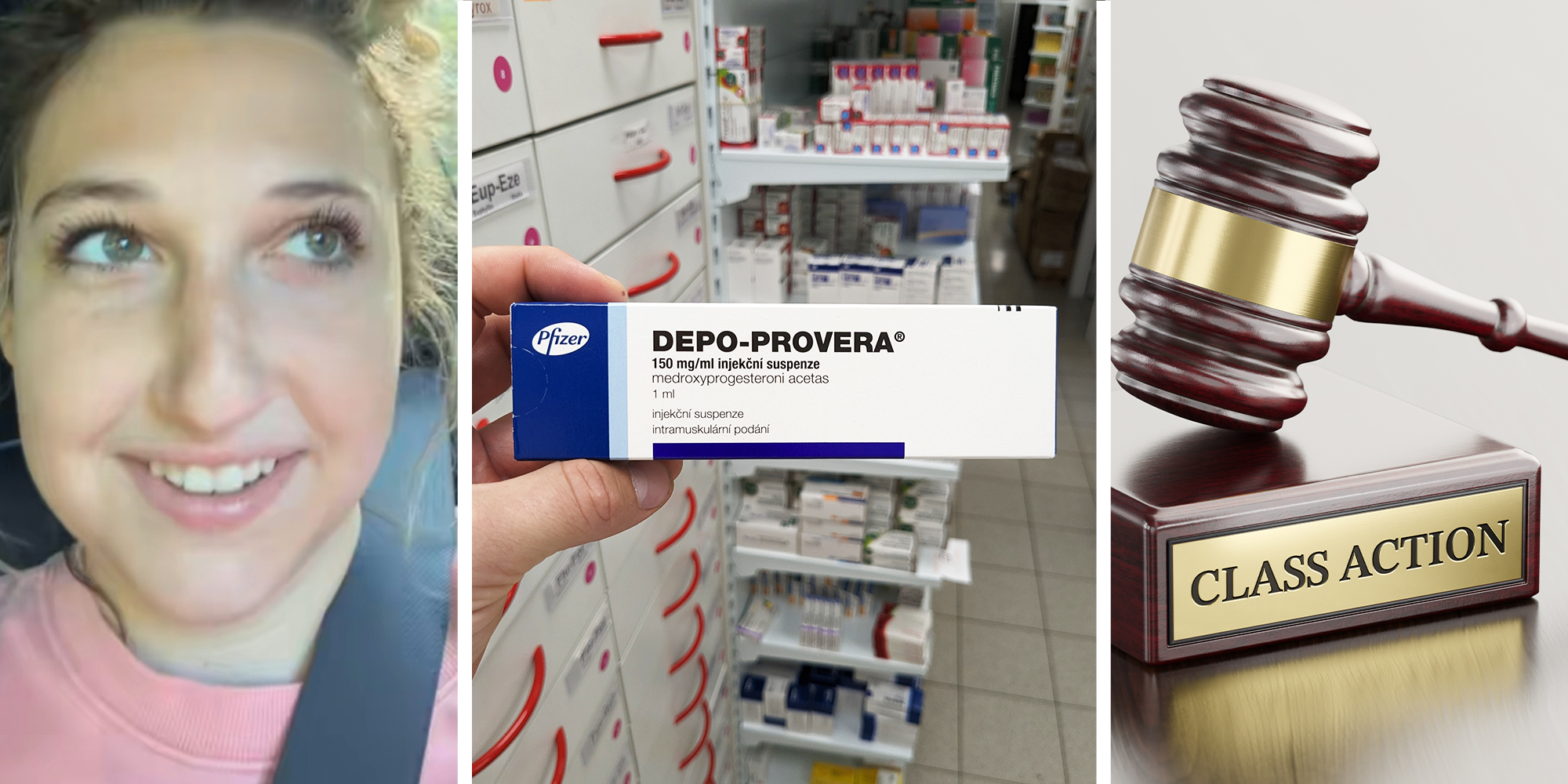 close up of woman smiling(l) Hand Holding up Depo-Provera medication(c) Class Action Gavel(r)