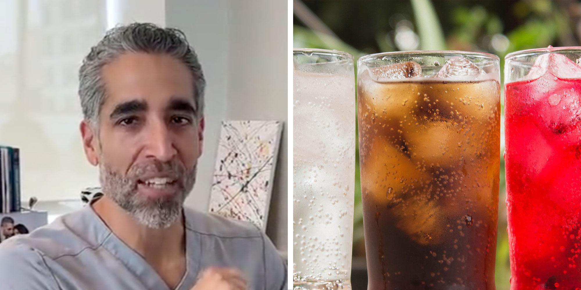 two panel design with a man wearing scrubs in one, he is mid speaking and looking at the camera. The 2nd panel shows a closeup of 3 soda drinks.