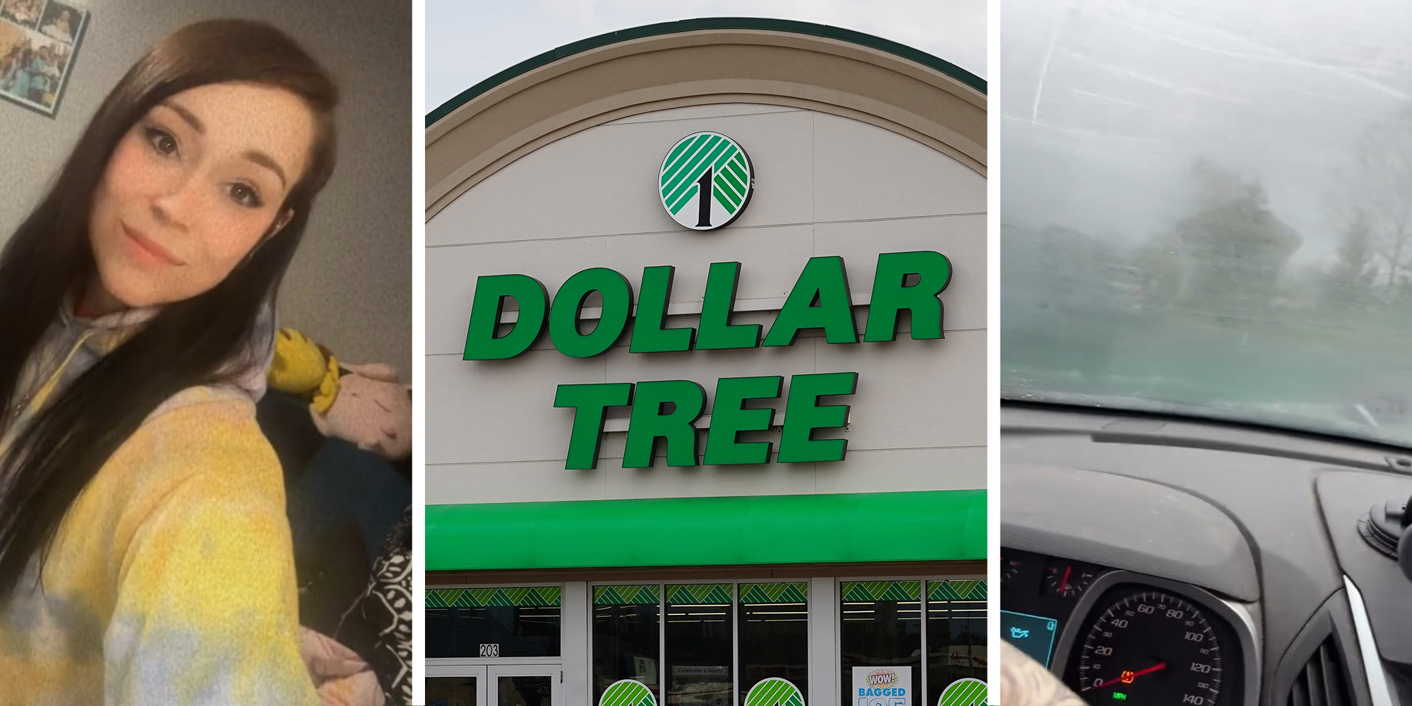 Woman sharing best tool from Dollar Tree for Foggy Windows(l) Dollar Tree Store Front(c) Foggy Windshield(r)