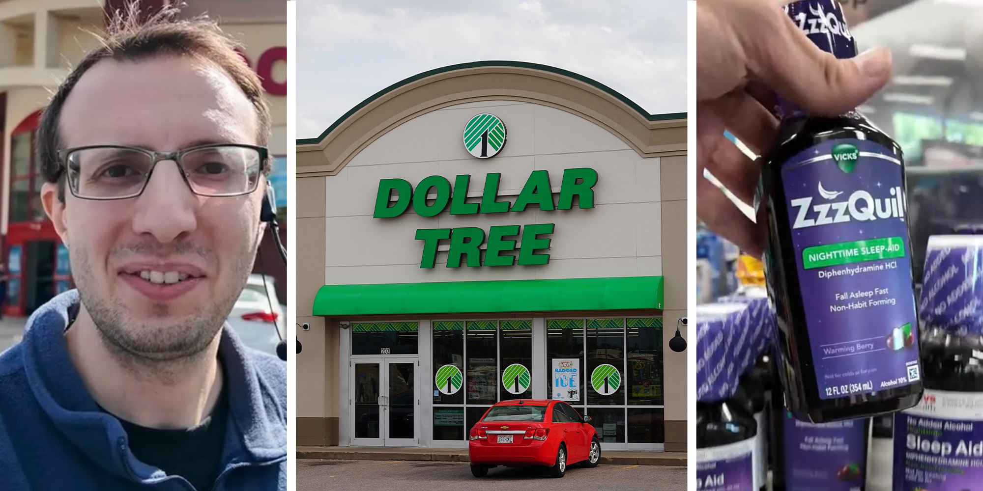 Pharmacist sharing his opinions on TikTok(l) Dollar Tree Store Front(c) Hand holdingup Vick Zzzquil bottle in store(r)