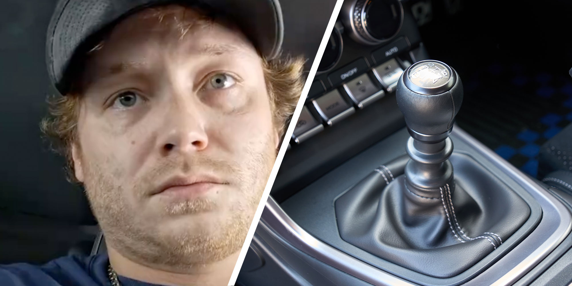 Two panel design with a man looking upset in one and a shift stick in the other