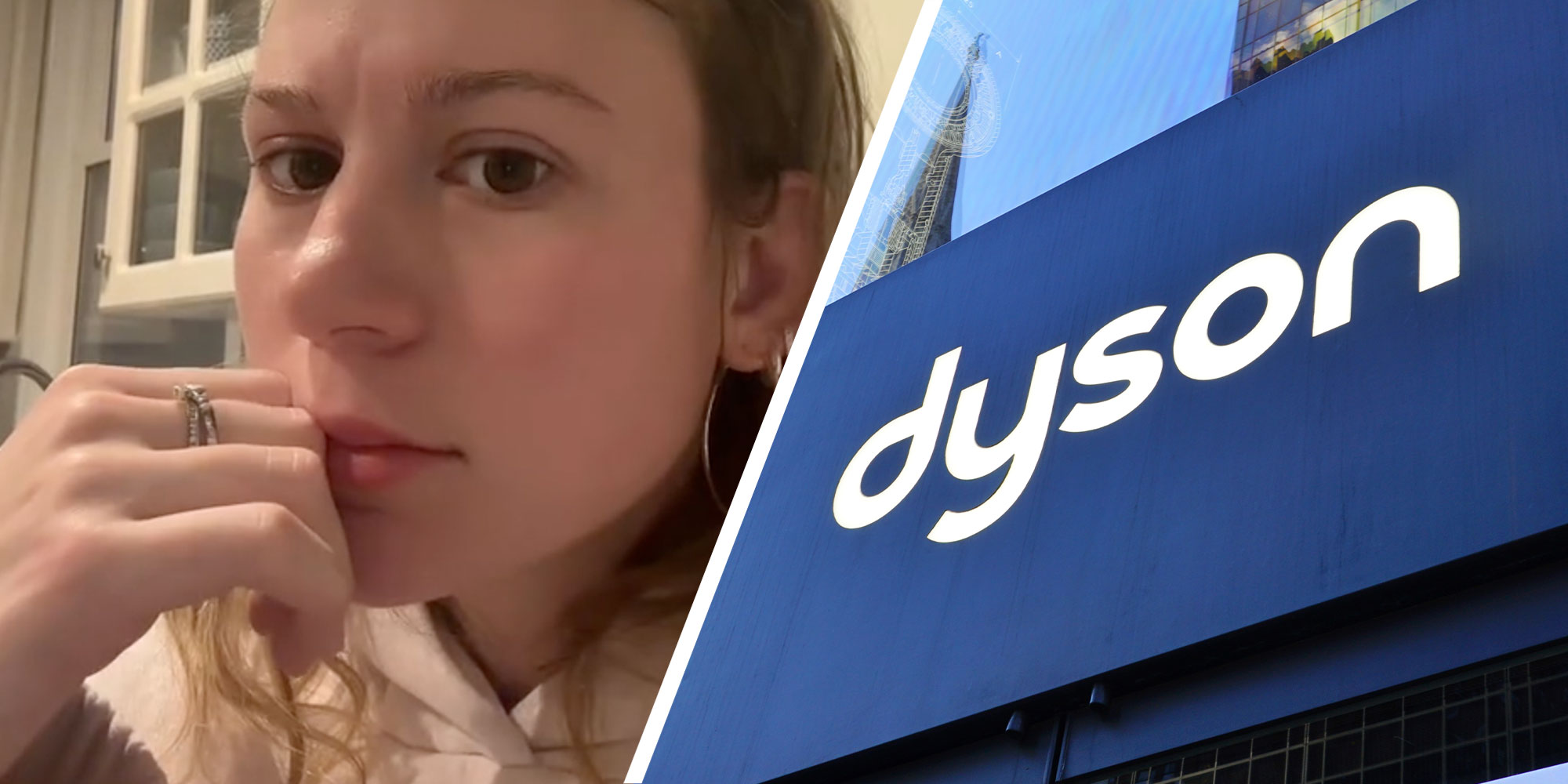two panel design with a woman looking at the camera in one, next to an image the Dyson logo on a building