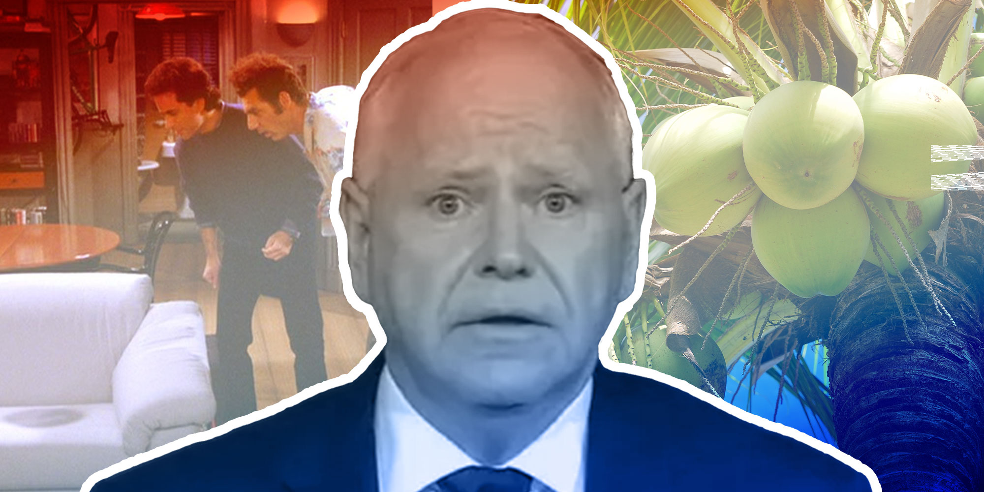 Single panel graphic featuring many images. The center is a concerned looking Wim Walz, there is a screen still from the show Seinfeld where two characters are looking at a soda, the other image flanking that one is of a coconut tree.