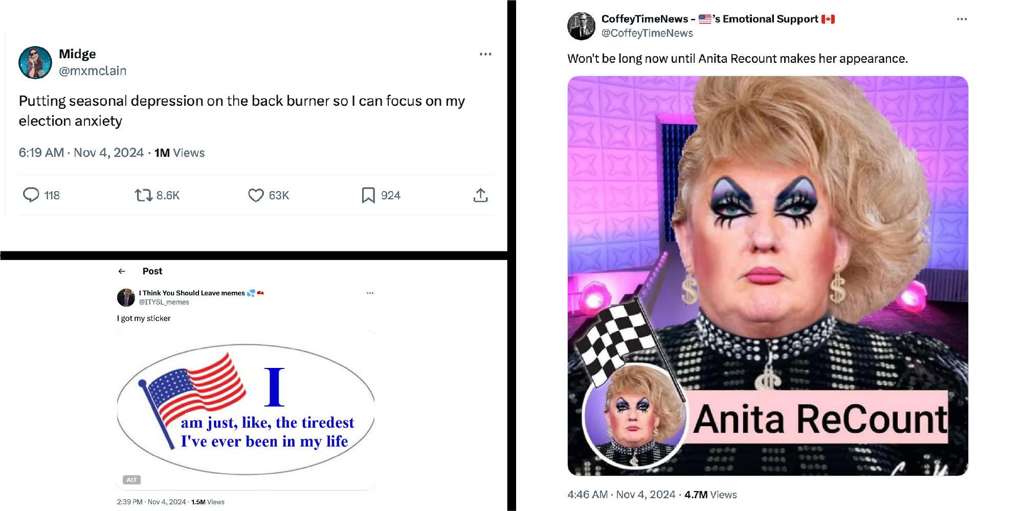 3 images of memes shared about Election Day 2024