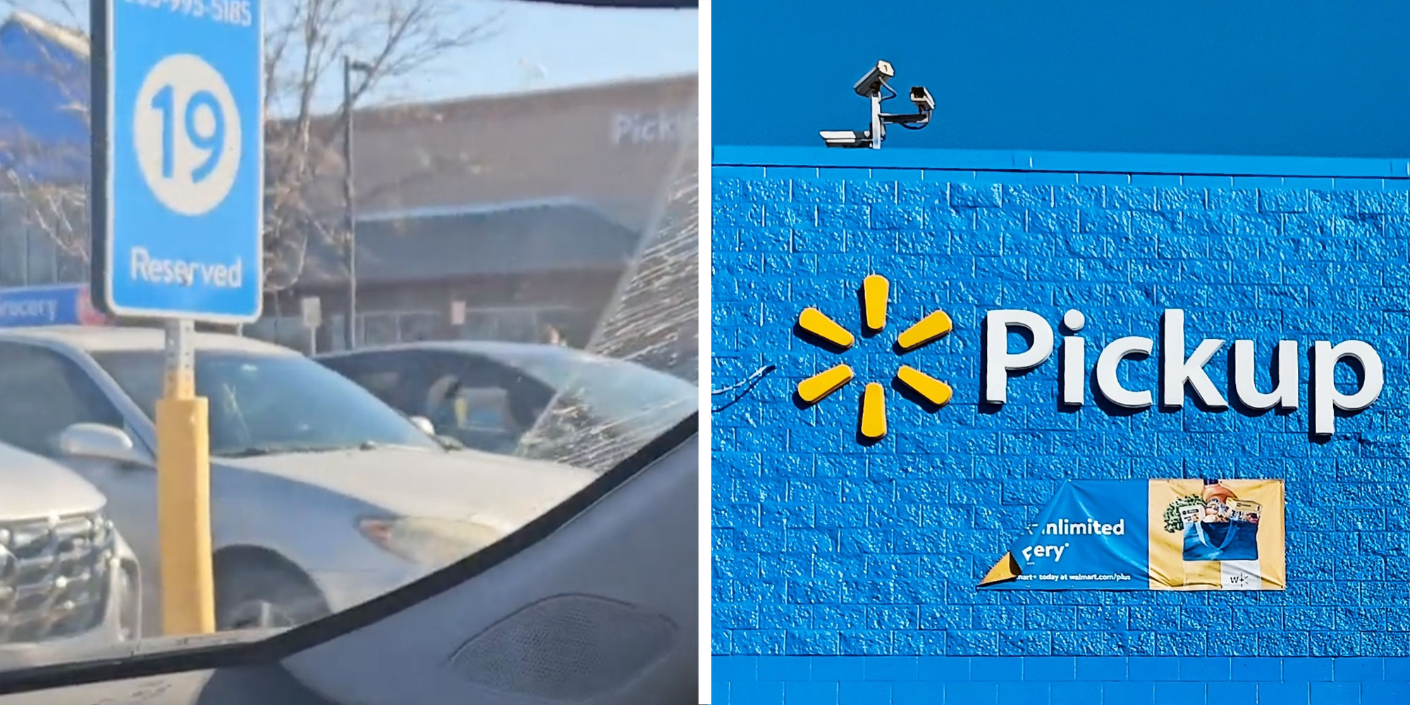 Two panel design with a shot of empty cars in a pickup area of a Walmart parking lot. The 2nd panel shows a Walmart Pickup logo on the side of a building.