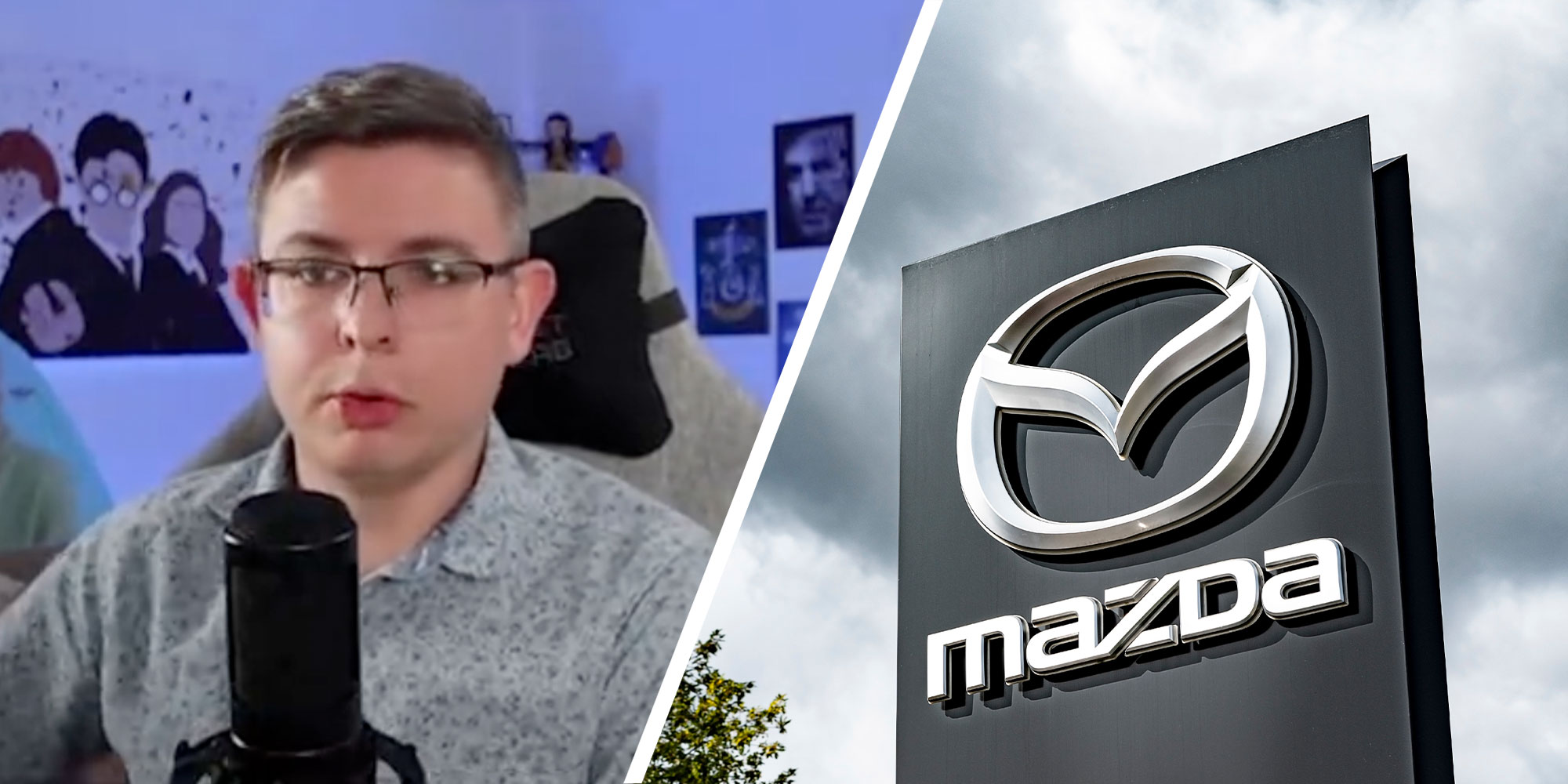 Two panel design with a man talking into a mic in one, and a Mazda dealership sign in the next