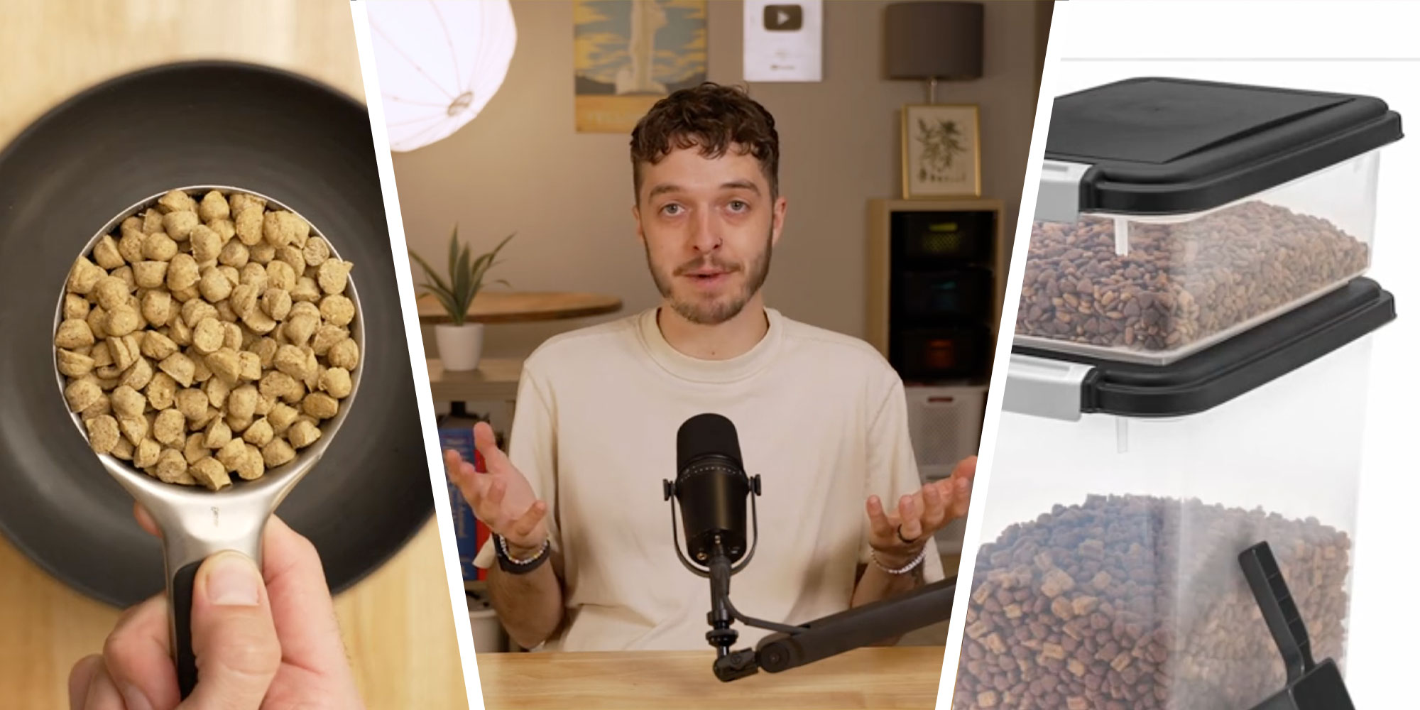 Three panel design with a person holding a cup of dog food in one, a man talking at a mic with his hands in shrug motion, and a plastic container with dog food in the last panel