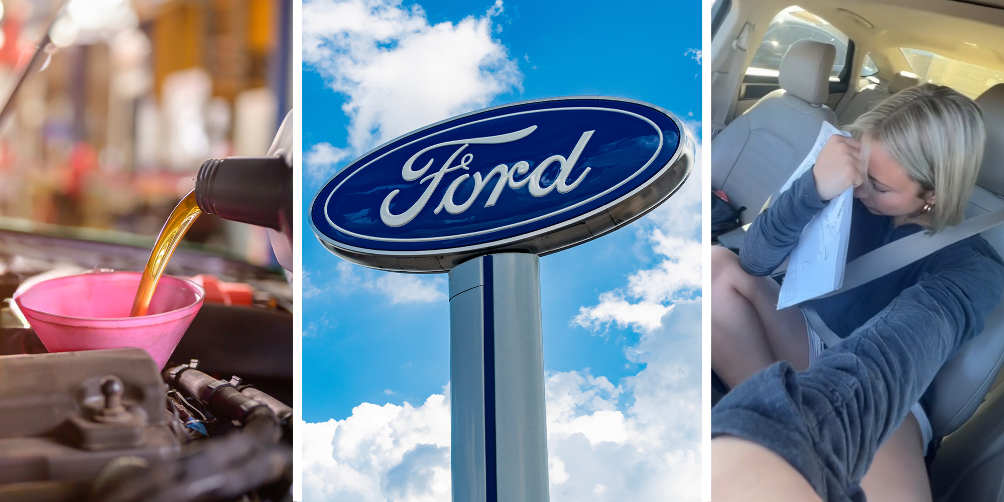 Oil Change(l) Ford Dealer Sign(r) Woman looking disappointed(r)