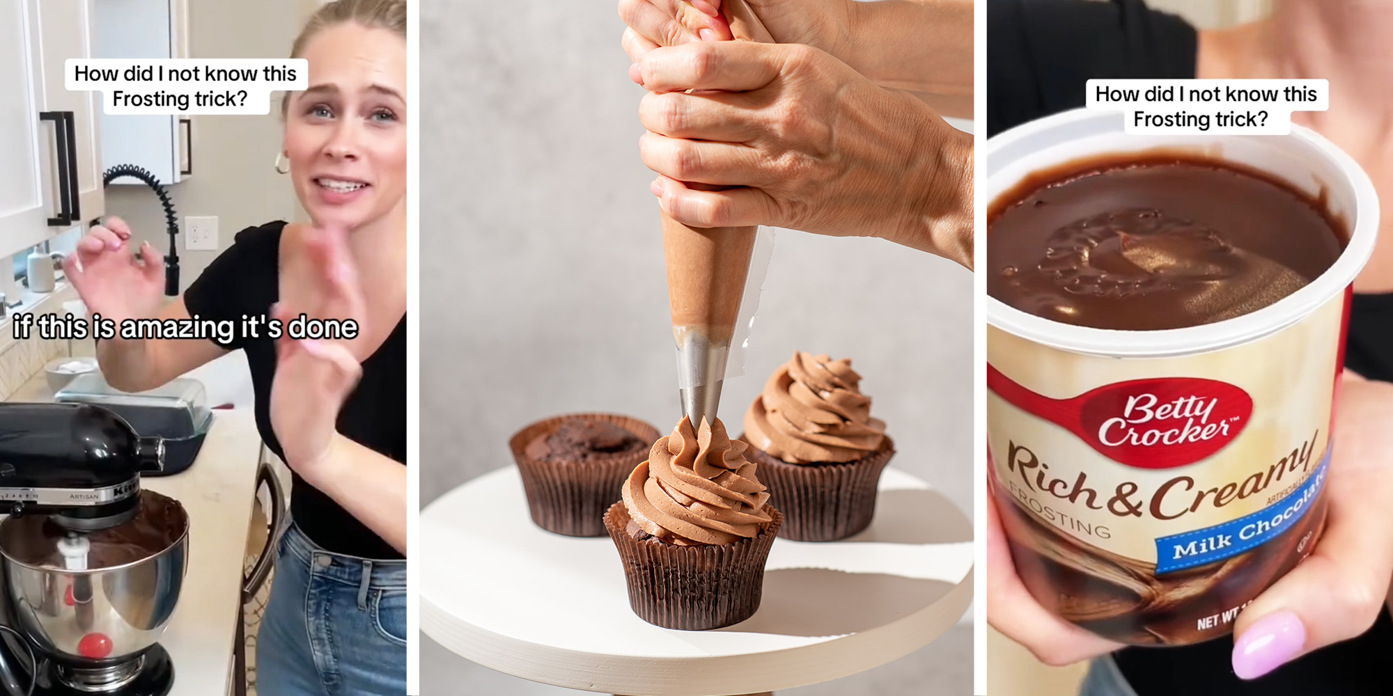 Woman sharing Frosting Trick(l) Someone putting chocolate frosting on cupcake(c) Betty Crocker Frosting(r)