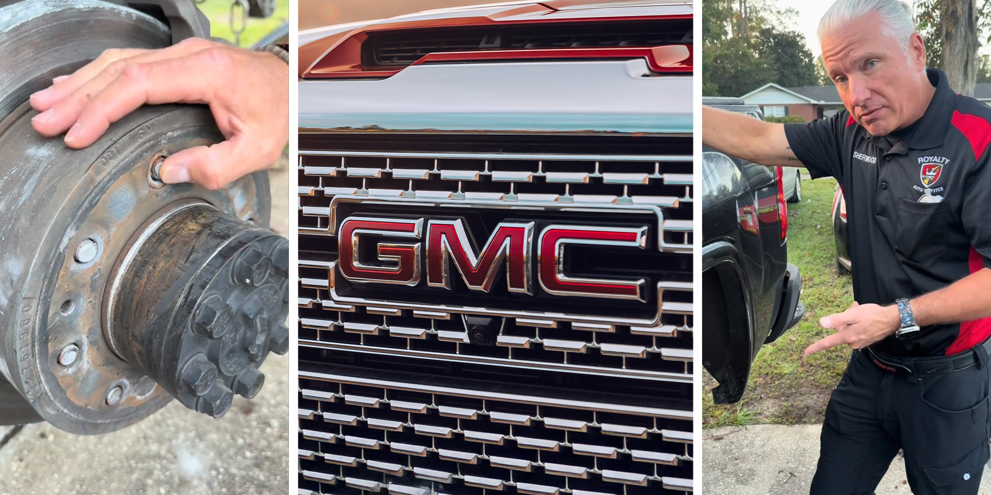 Hand over vehicle Rotor(l) Gmc Sierra Grill(c) Mechanic sharing what he saw after inspecting a gmc sierra pickup(r)