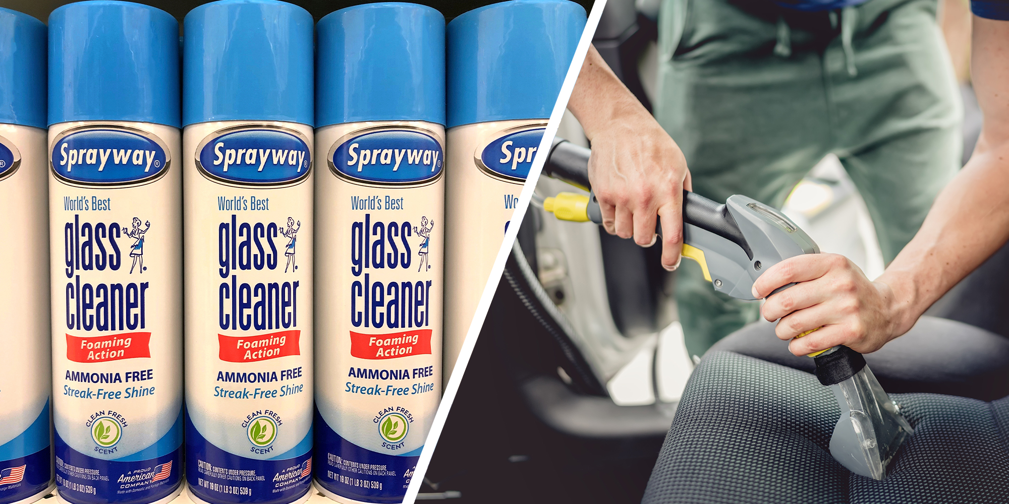 Sprayway glass cleaner(l) Man cleaning car interior(r)