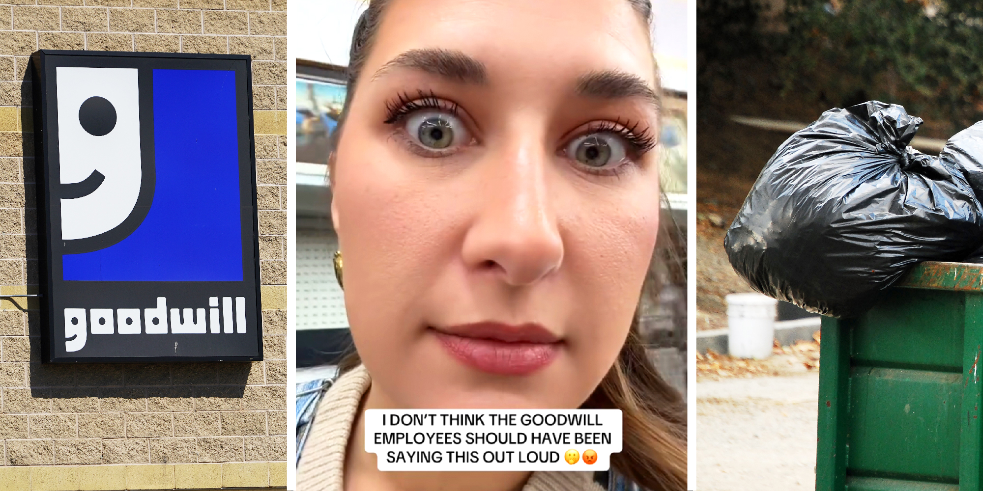 3 panel image: on the left is the Goodwill Store sign, in the middle, the closeup of a person's face with the words, "I don't think Goodwill employees should have been saying this out loud", and on the right a dumpster full of black plastic garbage bags.