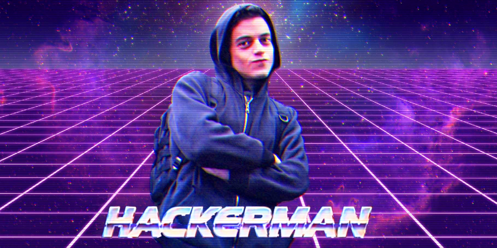 Image of a person wearing a hooded sweatshirt with their arms crossed in a cocky pose. The text "Hackerman" over them.