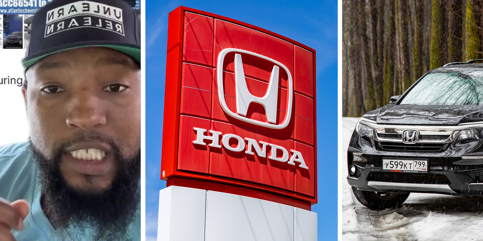 Man sharing price for Honda Pilot(l) Honda Dealership Sign(c) Honda Pilot Dealer(r)