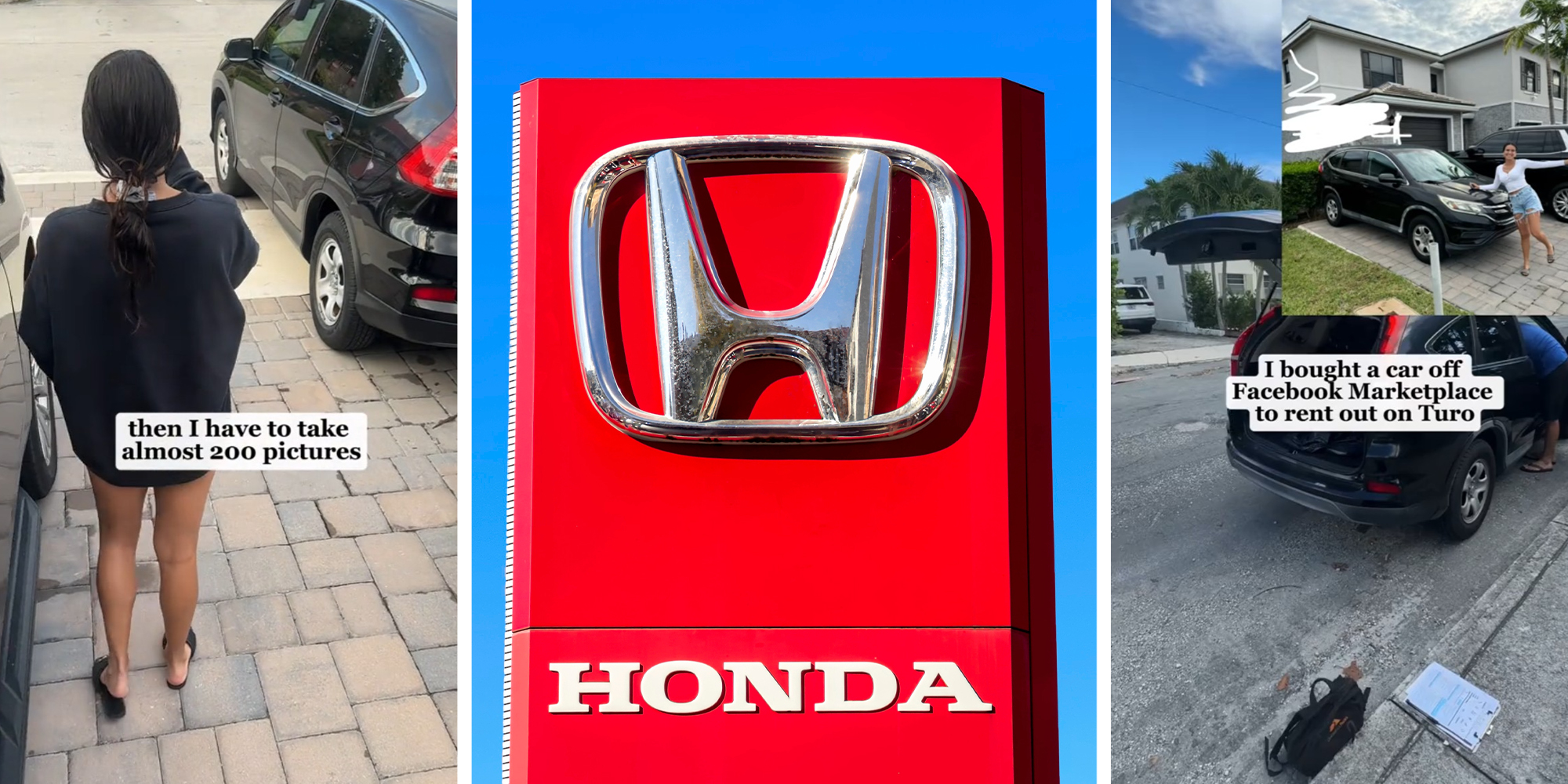 Woman Taking pictures of her Honda(l) Honda Dealer Sign(c) Woman showing off her Honda(r)