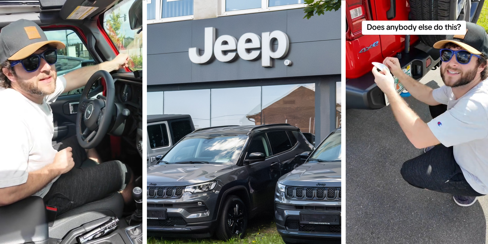 Man in driver seat(l) Jeep Dealer (c) Man remove license plate(r)