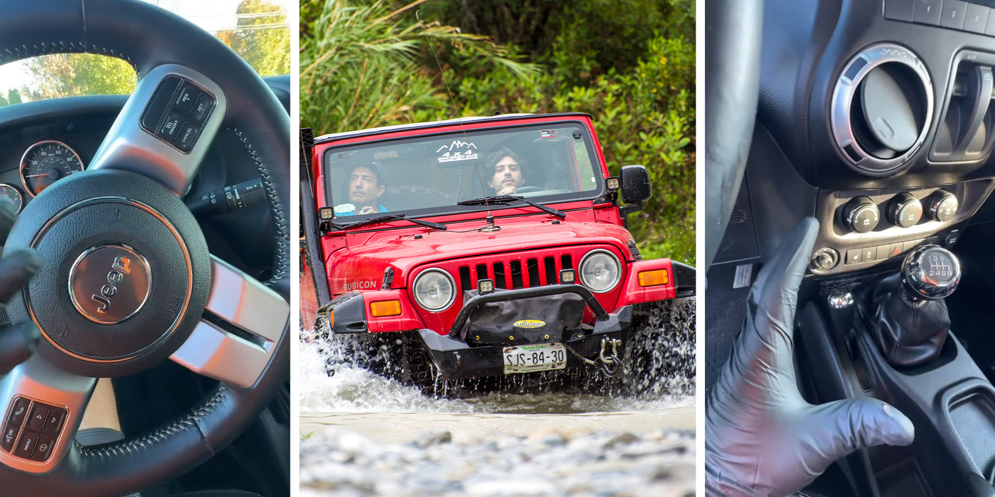 Jeep Wrangler Steering Wheel(l) Jeep Wrangler in rough terrain(c) Jeep Wrangler Buttons(r)