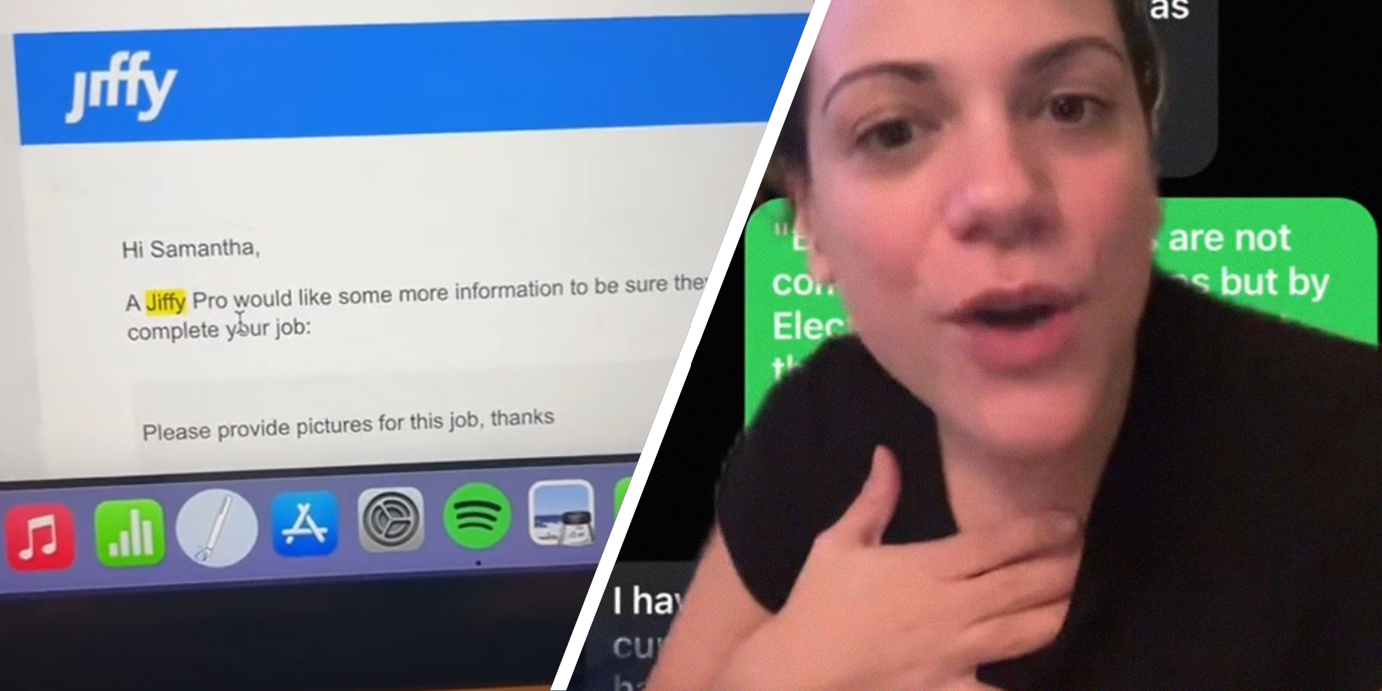 Email from Jiffy(l) Woman explaining what happened after she went to Jiffy(r)